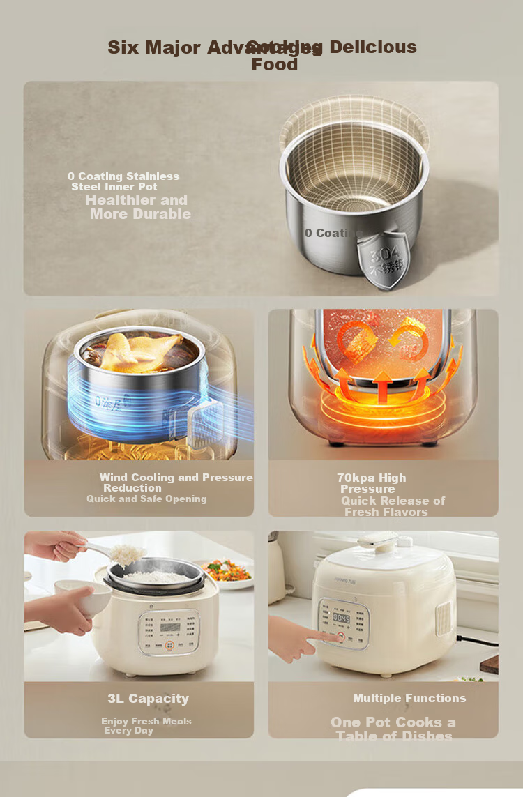 Joyoung Household 3L Pressure Cooker, Non-Coated Stainless Steel Inner Pot, Electric Rice Cooker, Pressure Cooker, 30NS1 1