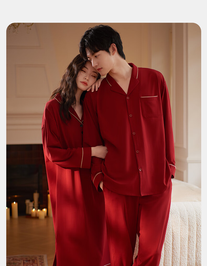 XULEN Modal Cotton Couples Red Nightgown and Robe Set for Wedding Year 63351 Jujube Red - Women M 4