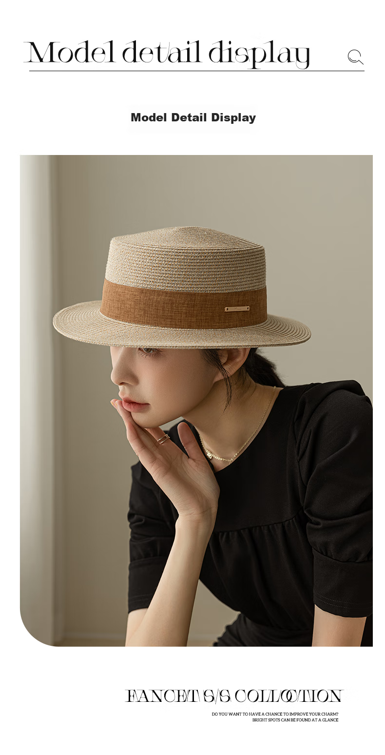 FANCET Flat-Top Straw Hat for Women, Summer Lightweight Luxury Elegant Sun Hat, Beach Vacation Sandal Straw Hat, Japanese-Style Woven Straw Hat 10