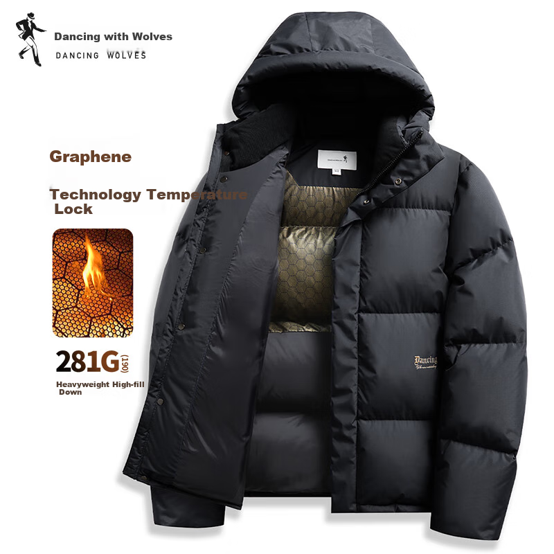 DANCING WOLVES [Black Graphene + 90% Duck Down] Winter Hooded Thick Warm Men's down Jacket, Style 001 Black, Size 180