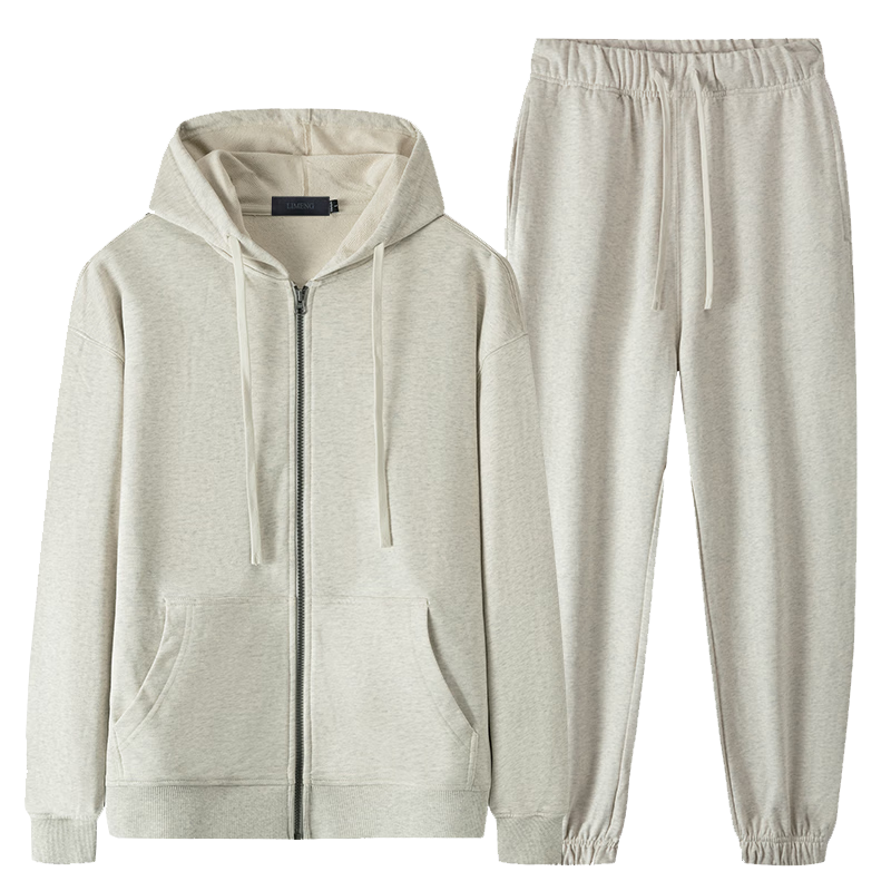 LIMENG Pure Cotton Casual Sports Suit Men Drop Shoulder Loose Fit Spring Autumn Cardigan Men's Sweatshirt Two-Piece Set Oatmeal Gray XL