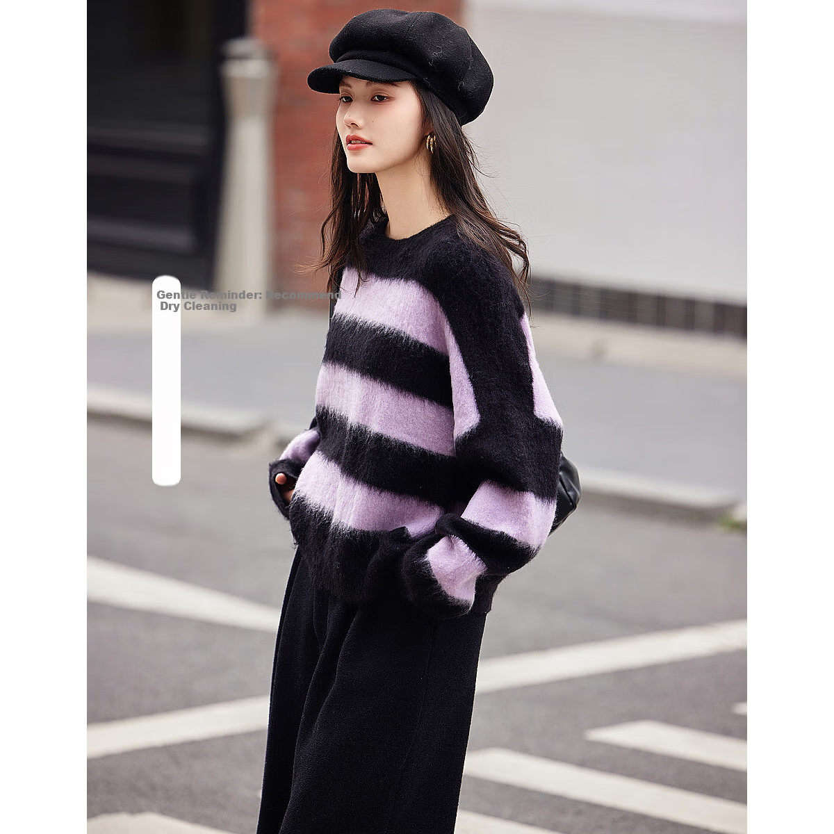 Dme Fashionable Casual Style Winter Round Neck Raglan Sleeve Faux Fur Striped Elegant Color-Block Knit Sweater Women's Top, Purple, L