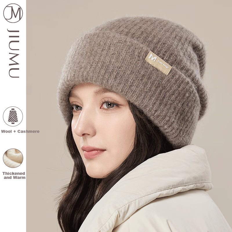 JIUMU Cashmere Wide-Brimmed Warm Knit Hat, Autumn And Winter Woolen Knitted Cap, Cold Hat, Winter Hat, Slouchy Hat, Cold-Proof Hat for Wome