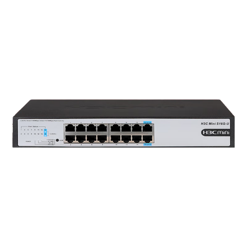 H3C 16-Port Gigabit Switch, Unmanaged Enterprise-Grade Switch, Network Cable Splitter, Built-In Mounting Ears, Rack-Mountable, Mini S16G-U