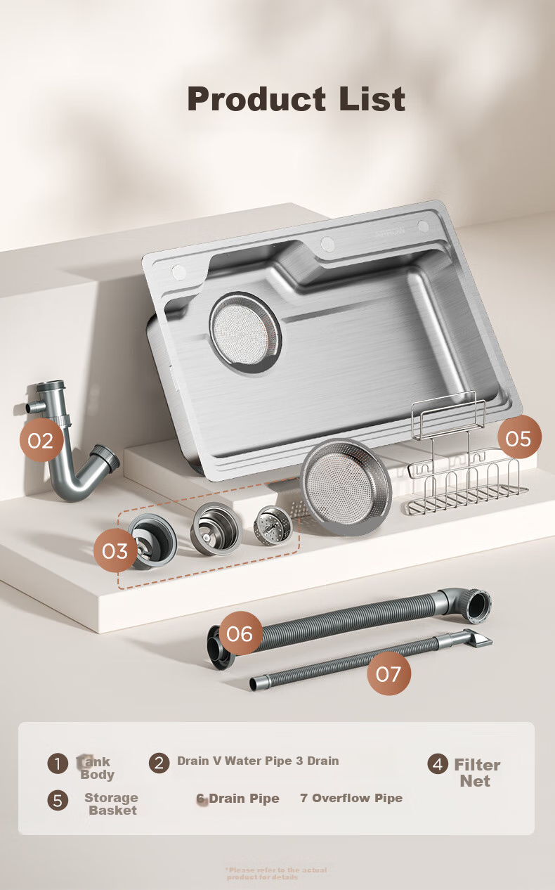 ARROW Kitchen Sink, Large Single Basin, Treasure Basin, 304 Stainless Steel Vegetable Washing Sink, Integrated Basin, Undermount Basin, Wide-Mouth Dishwashing Sink 7