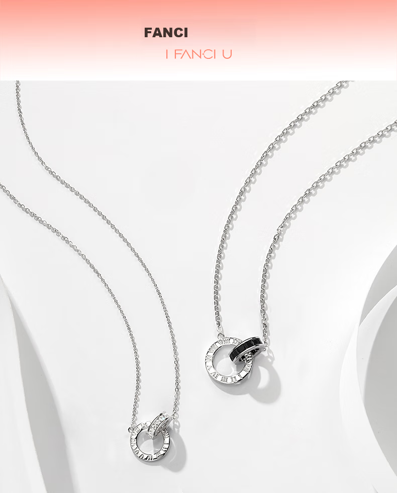 FanciFanci Time Lover Silver Necklace for Women Double Ring Pendant Clavicle Chain Luxury Birthday Gift for Girls 1