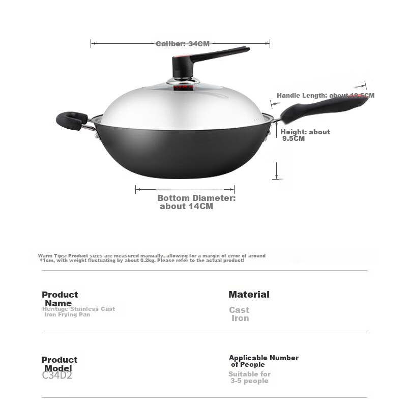 COOKER KING Wok Iron Pan Cast Iron Pan Multi-Purpose Traditional 34cm Induction Cooker Compatible Stir-Fry Pan C34D2