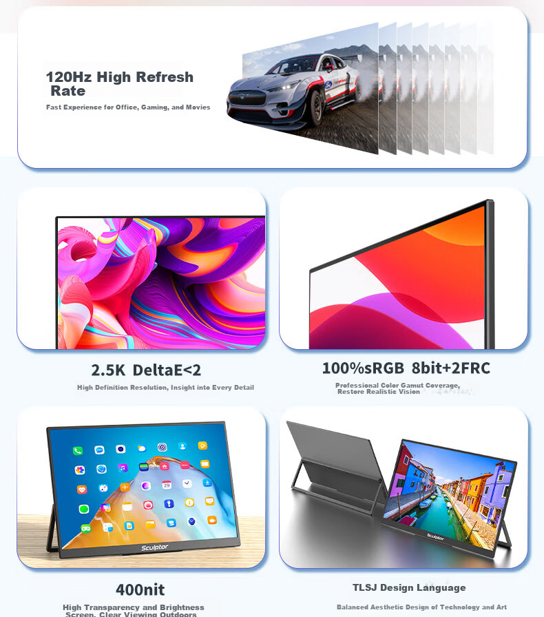 Sculptor 15.6-Inch Portable Monitor, 2K Resolution, 120Hz Refresh Rate, 100% SRGB Color Gamut, Secondary Screen for Computer, Laptop, Switch, Phone, PS5 Expansion Display MF16LQ 2