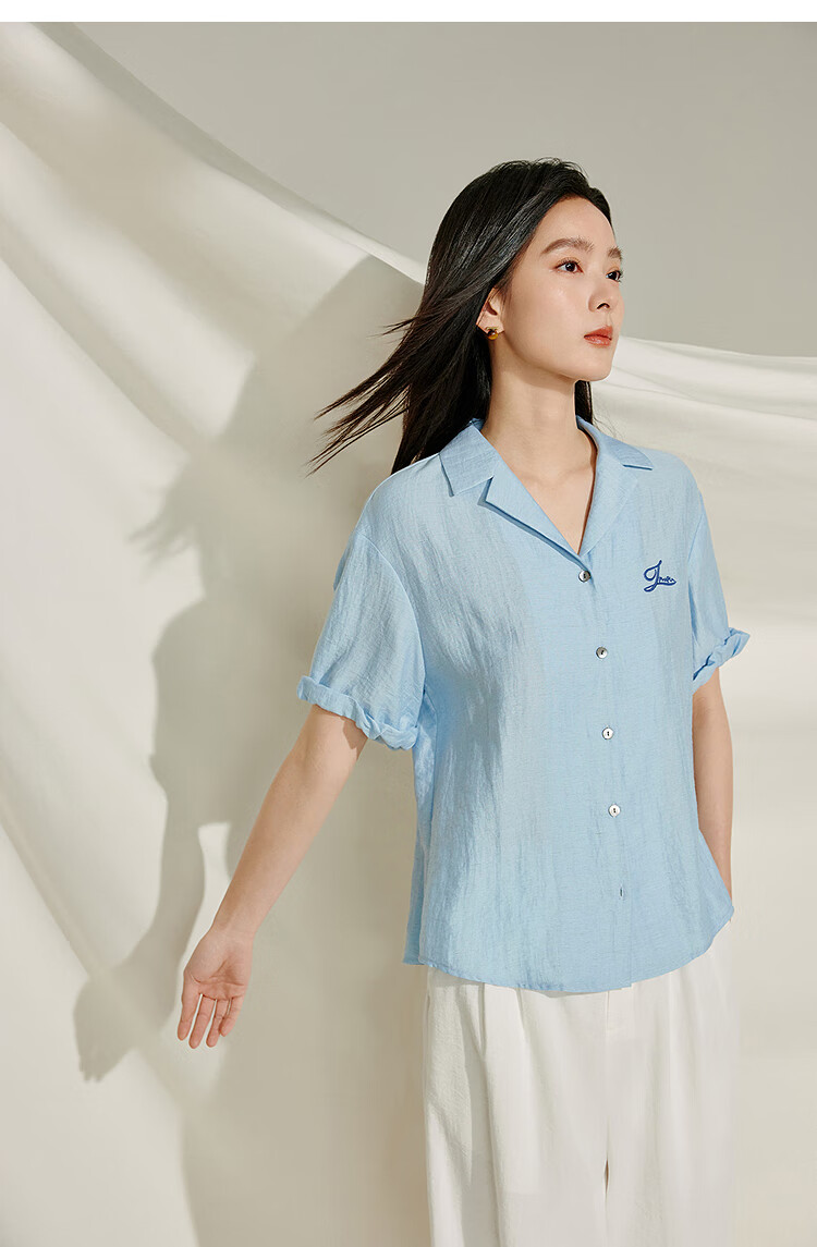 INMAN Summer 2026 Women's Blue Short Sleeve Linen Wrinkle Texture Shirt Light Blue XL 12