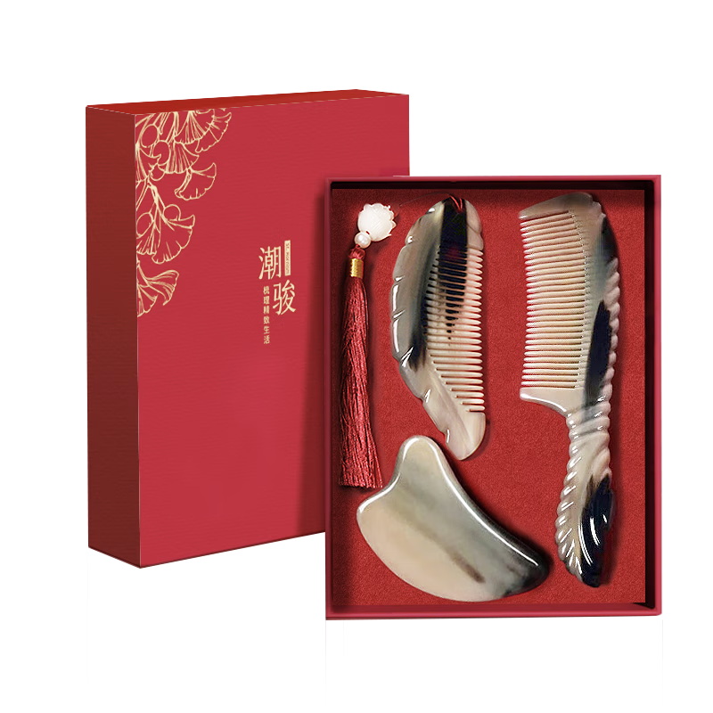 Chaojun Authentic Natural White Buffalo Horn Comb for Gua Sha Massage Meridian, Mid-Autumn Festival Gift for Parents, Elders, Clients, High-End Practical Friends, Birthday, Wife Gift Box Set