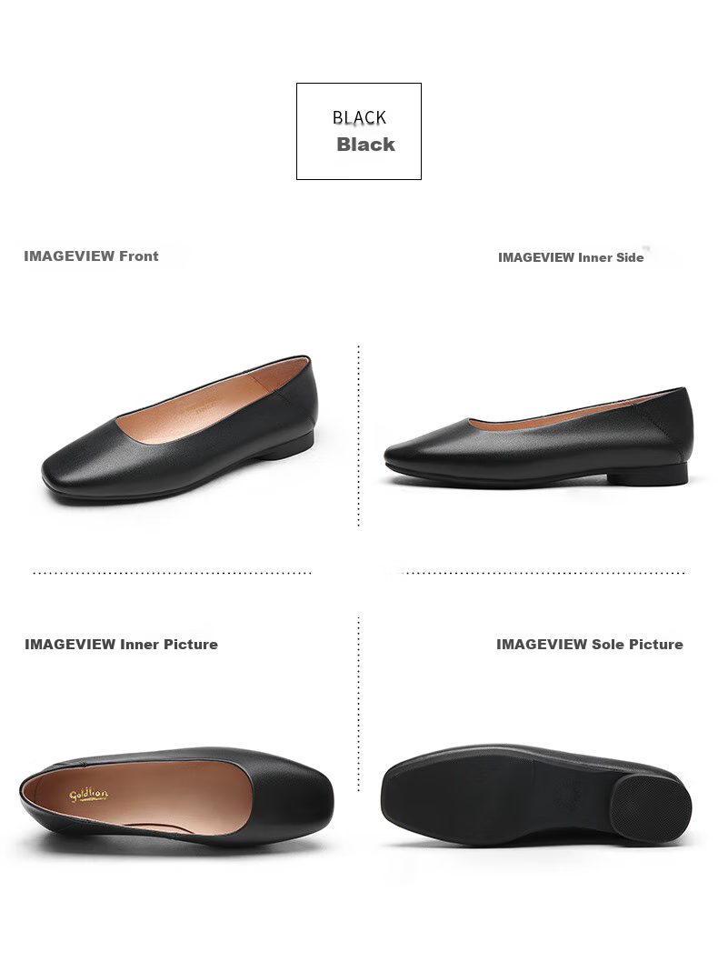 Goldlion Women's Shoes, Soft Leather, Soft Sole, Square Toe, Flat Heel, Grandma Shoes, Shallow Mouth Flats, Women's Shoes - 68201019001P Black - Size 39 11