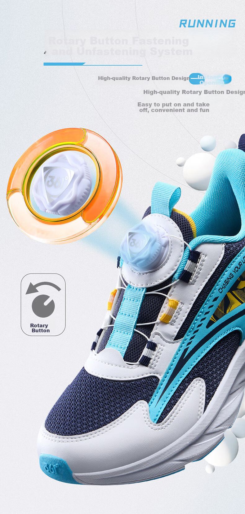 361° Children's Shoes, Kids' Running Shoes for All Seasons, Boys And Girls Aged 3-14, All-Purpose Rotary Buckle Lightweight Cushioning Running Shoes, Blue Size 38 6