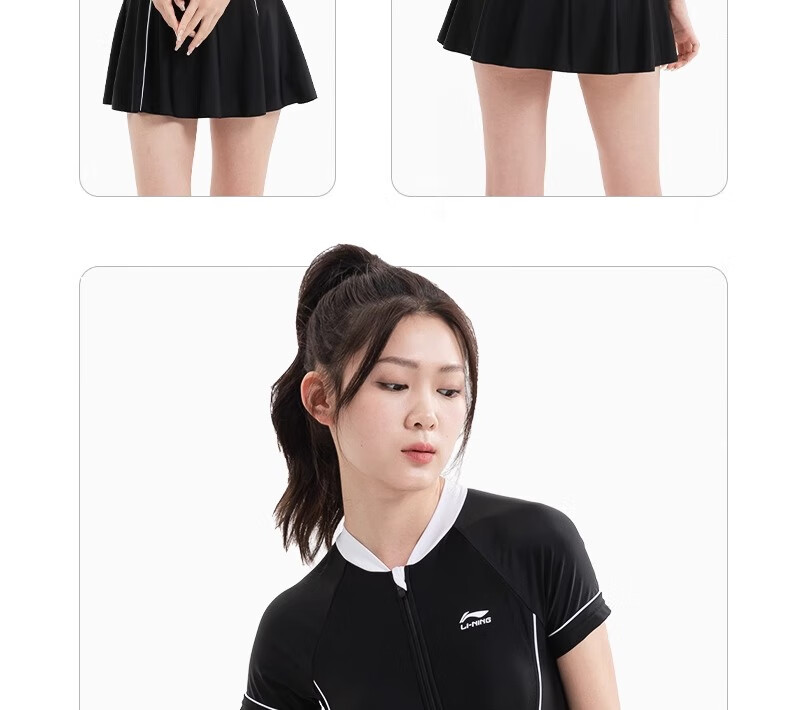 Li-Ning Women's One-Piece Skirt Swimsuit Slimming Chlorine-Resistant Quick-Dry Spa Swimwear Black M 21
