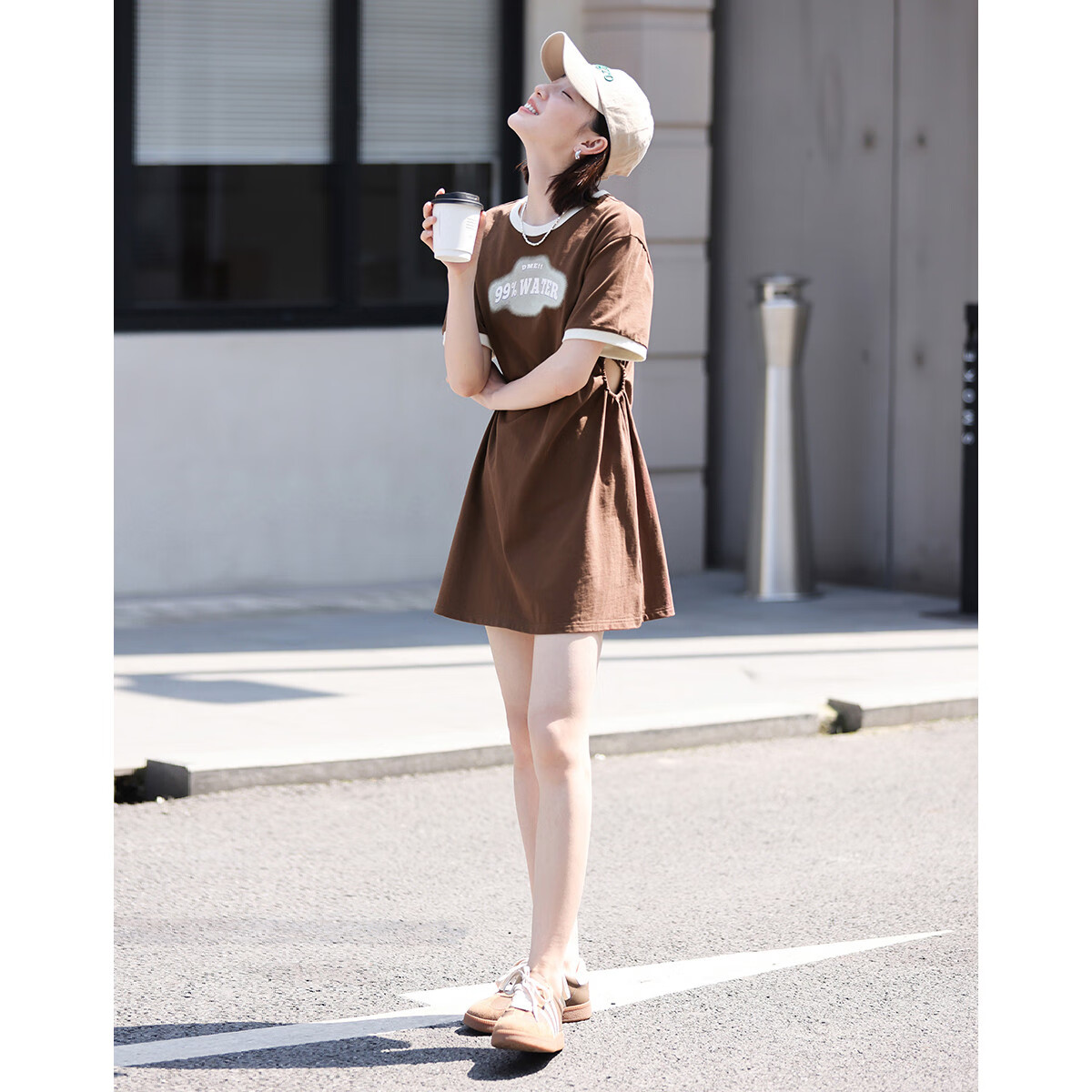 Dme [Low-Cut Dress] Summer Round Neck Short-Sleeve Dress with Hollow-Out Waist Desig