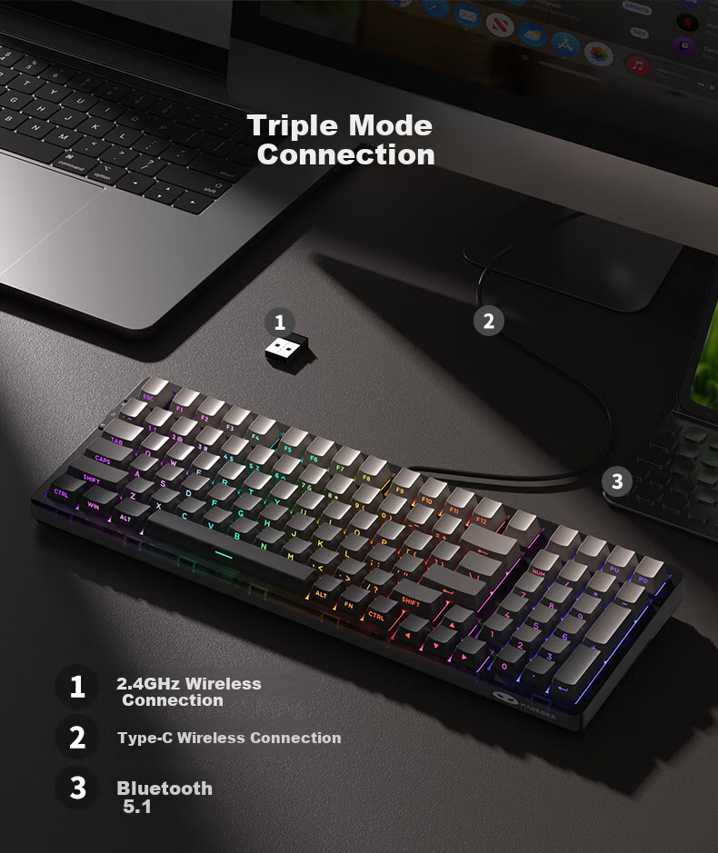 MageGee Light100 Tri-Mode Bluetooth Wireless Keyboard, 99 Keys Hot-Swappable Customizable Keyboard, RGB Translucent Side-Carved Keyboard, Gaming Mechanical Keyboard, Side-Carved Gray, Blue Whale Switches 4