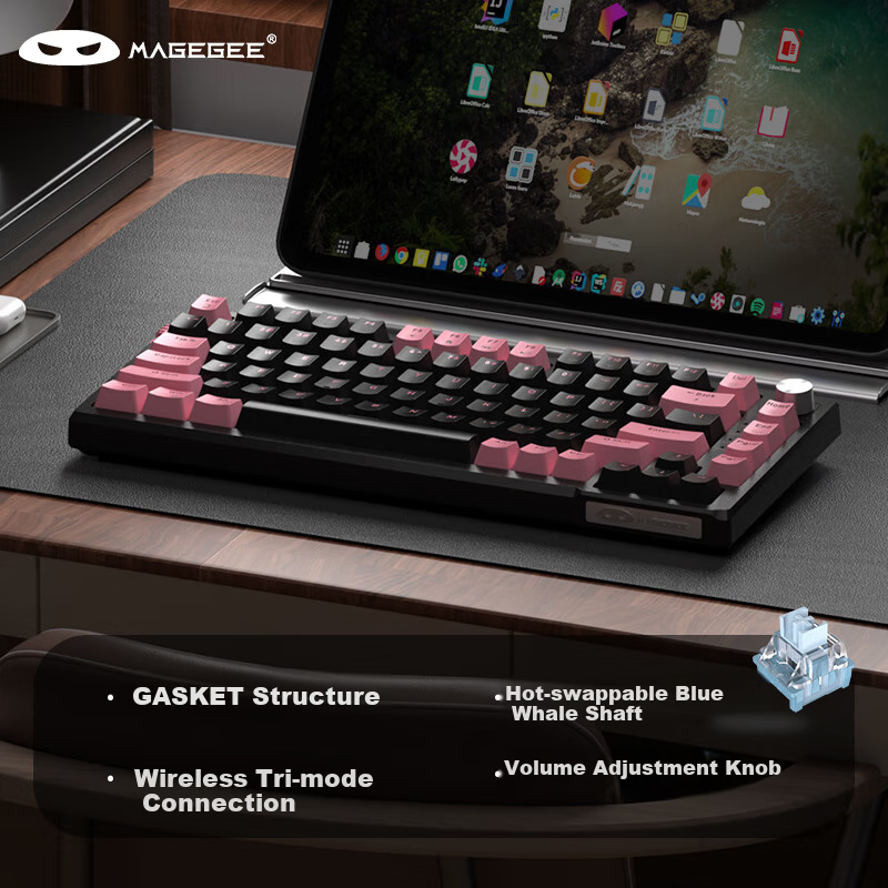 MageGee SKY 81 Gaming Mechanical Keyboard, Wireless Bluetooth Wired Keyboard, 81-Key Tri-Mode Keyboard, GASKET Customizable Keyboard, Hot-Swappable, Pink Black Blue Whale Switches