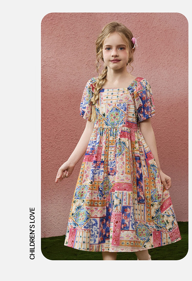 ASK JUNIOR Children's Dress, Summer Outing Breathable Girls' Contrasting Color Short-Sleeve Puff Sleeve Dress, Princess Dress 7