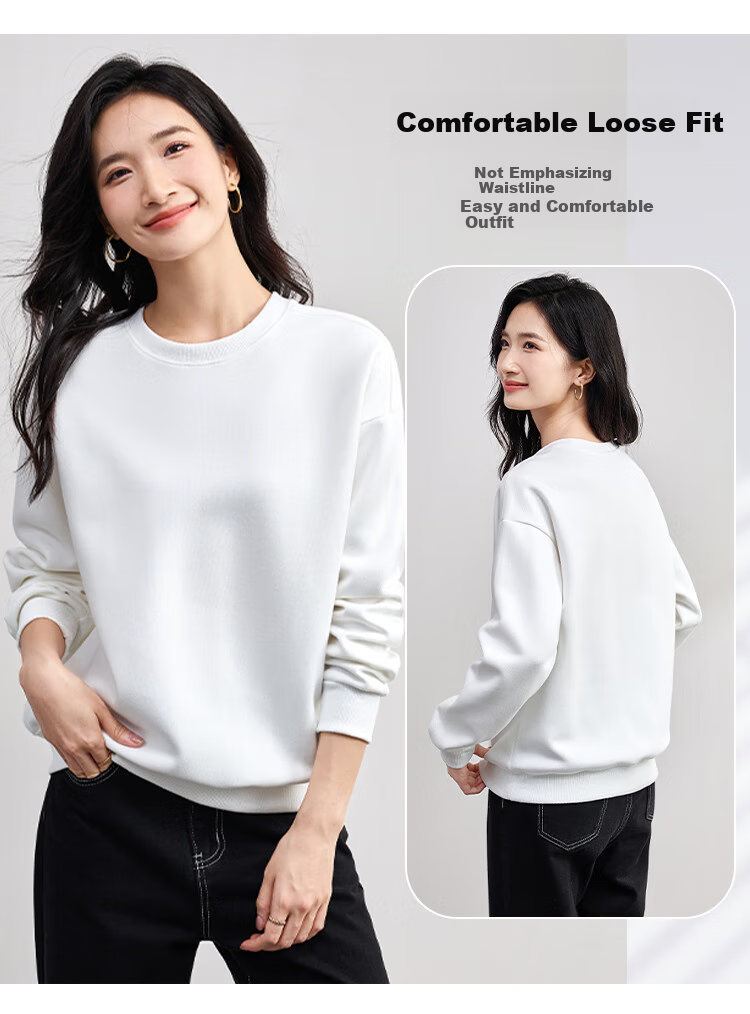 Jeanswest Round Neck Sweatshirt for Women, Spring/summer 2026, Petite Loose Fit, Simple Versatile Long-Sleeve Top, White, XL 4