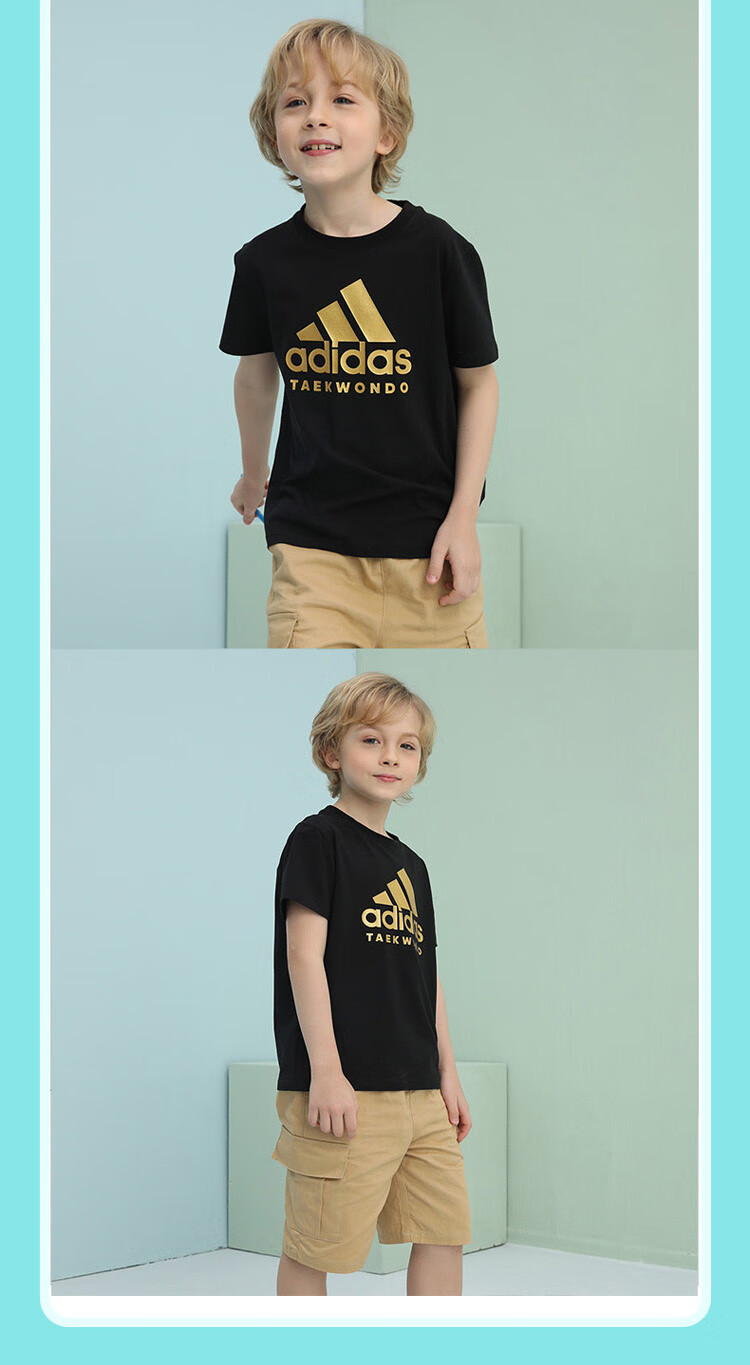 Adidas 2025 New Children's Short-Sleeve T-Shirt, Summer Outdoor Sports Casual Versatile Top, White + Gold, Size 116 19