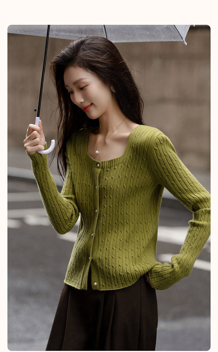 Dme (Xuainitianxin) Spring And Autumn French Square Collar Sweater, Simple Style Long-Sleeve Cardigan, Soft Elastic Knit Sweater, Women's Top 2