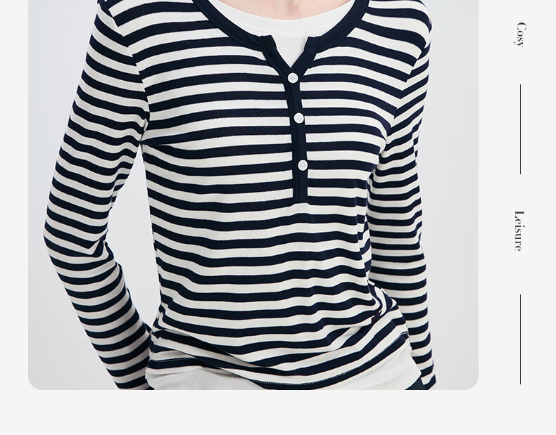Navigare Women's Fashion Slim-Fit Striped Comfortable Faux Two-Piece Long-Sleeve T-Shirt 2315005502 13