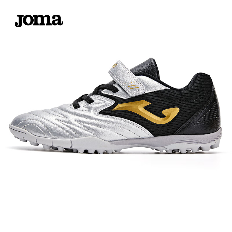 JOMA Velcro Children's Soccer Shoes TF Turf Studs Youth Elementary School Professional Competition Football Training Shoes, Silver Black, Size 31