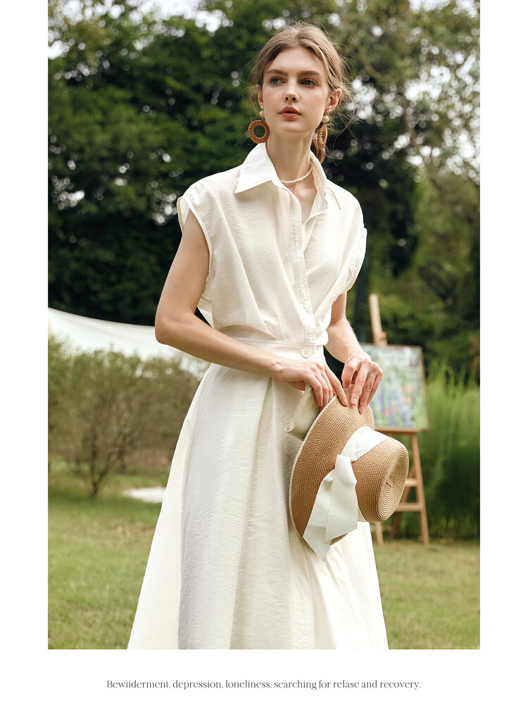 Olrain Eurielle Vintage Shirt-Style Raglan Sleeve Waist-Cinched Dress with Flared Skirt Women Beige L 15