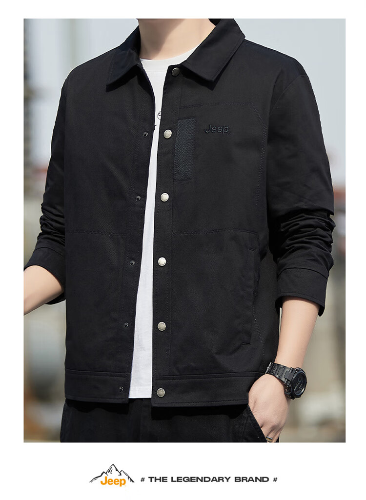JEEP Men's Jacket Spring Autumn New Casual Workwear Men's Turn-down Collar Loose Fit Black M 8