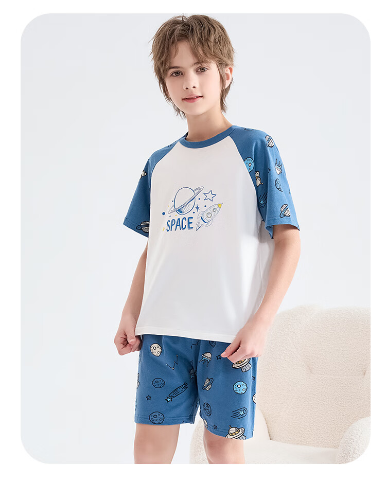 LangSha Children's Pajamas for Boys, Summer Thin Cotton Shorts And Short-Sleeve Sleepwear, Youth Student Home Wear Set for Older Childre 4