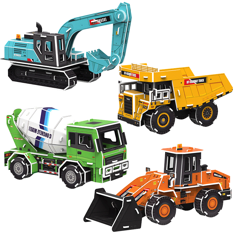 Dayanxiaowa Children's 3D Puzzle, Ages 3-6, DIY Model Building Toy, Birthday Gift for Boys And Girls, Construction Vehicles, 4 Sets