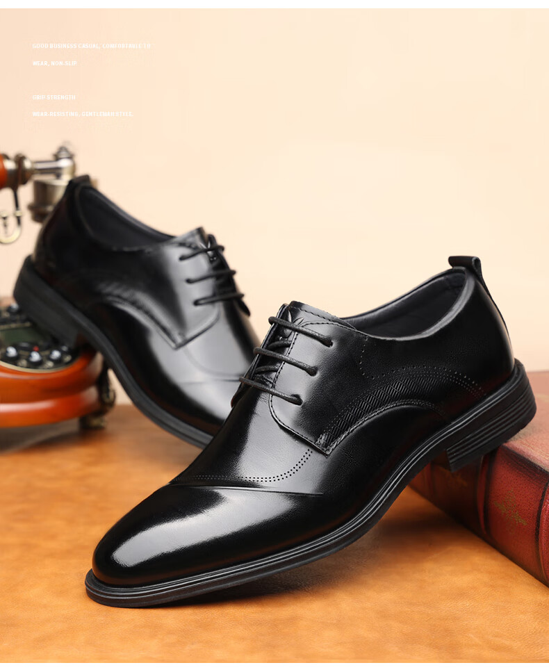 PLAYBOY Men's Leather Shoes, British Trendy Pointed Toe Lace-Up Formal Business Shoes, Groom Wedding Shoes, Black, Size 42 6