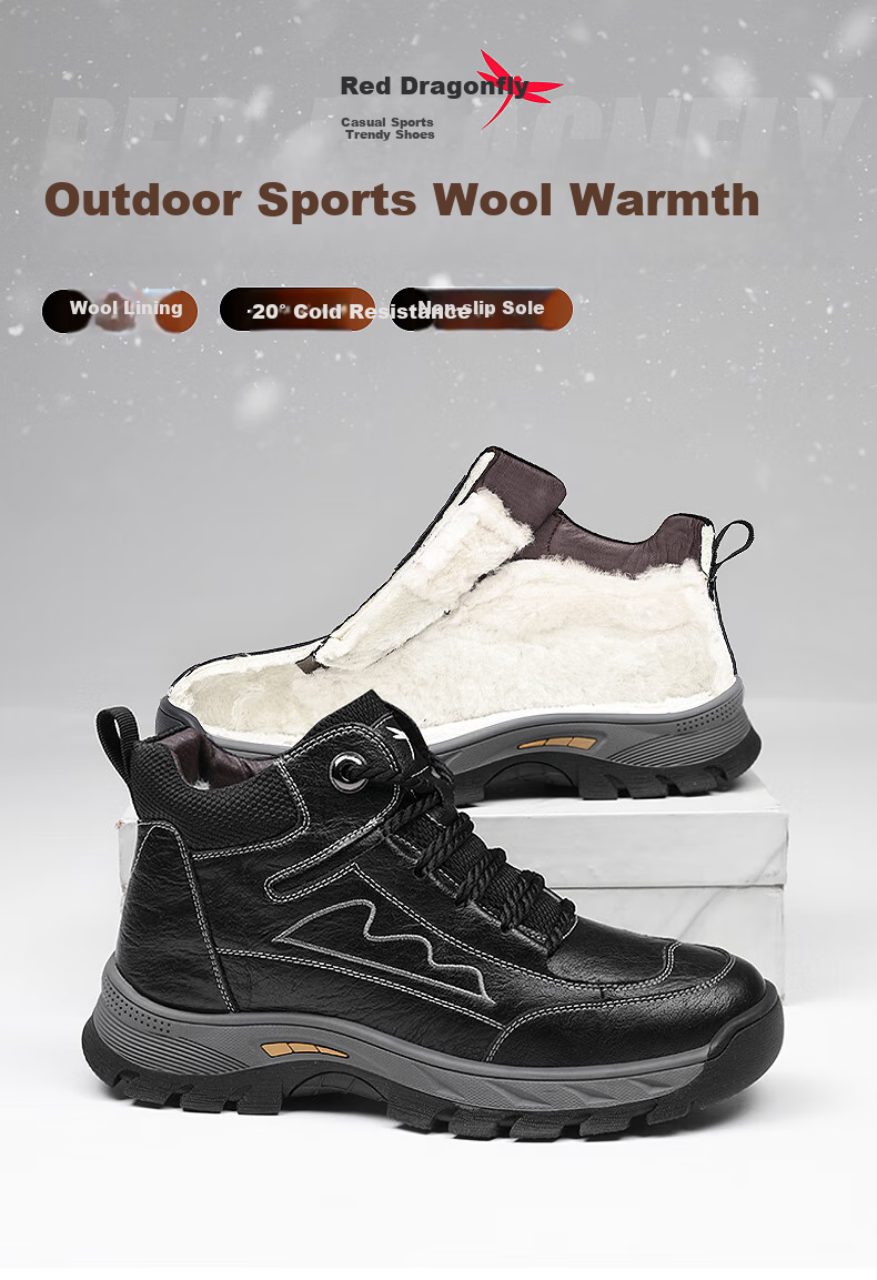 RED DRAGONFLY Leather Boots, Durable Outdoor Martin Boots for Men, Casual Fleece-Lined Snow Boots, Cotton Boots for Men, C0TT07631 1