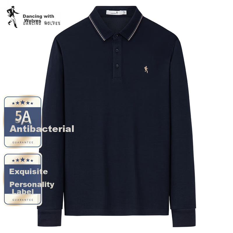 DANCING WOLVES [5A Antibacterial] Business Commute Fashionable Exquisite Embroidered Men's Long-Sleeve Polo Shirt, 102 Navy Blue, Size 185