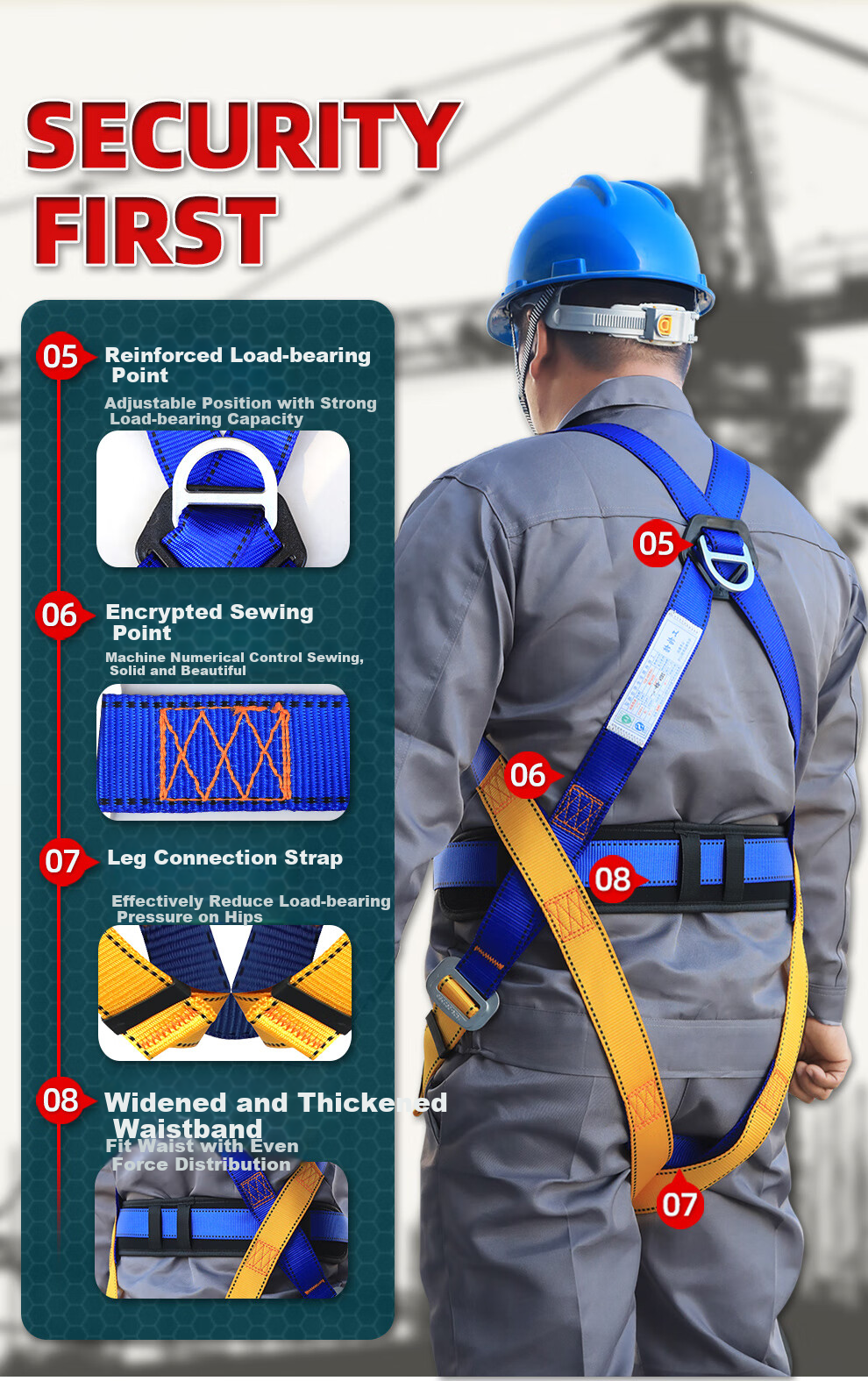 Xinbaolin Z-Y Fall Arrest Harness, National Standard European Style Five-Point Safety Belt, High-Altitude Work Fall Prevention, High-Quality Safety Harness with Two Large Hooks, 2 Meters Polyester Rope + Shock Absorber Pack, Shipped from Beijing Warehouse 8