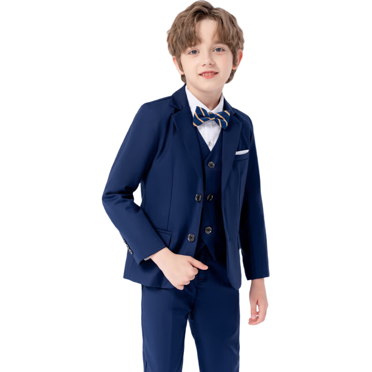 LUOBOBEIBEI Boys' Solid Color Suit, Flower Boy New Year Outfit Formal Wear Set, Navy Blue Five-Piece Set, Size 140