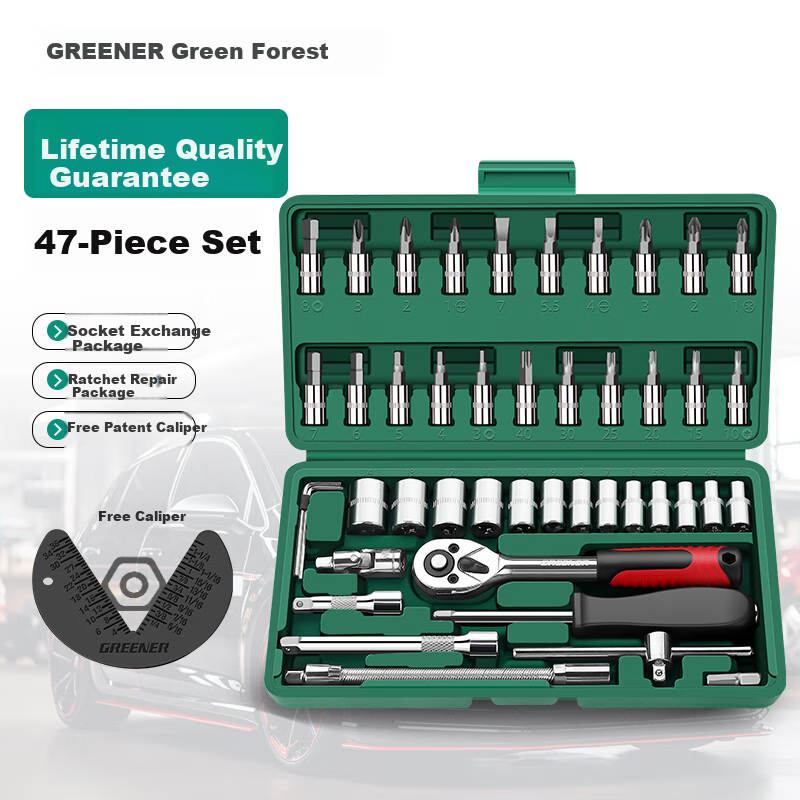 GREENER 47-Piece Socket Wrench Set, Auto Repair Tools Kit, Ratchet Motorcycle Repair Roadside Tool Box, Quick Torque Screwdriver