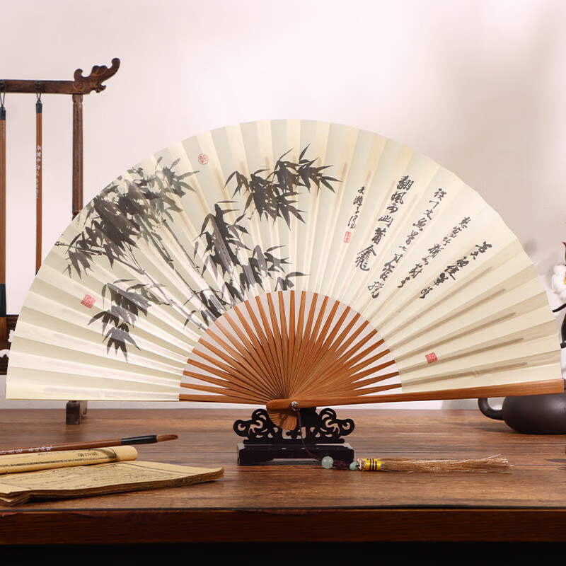 TaTanice 8-Inch Chinese Style Folding Fan Hanfu Gift Ancient Jade Bamboo Men's Fan Bamboo Shadow