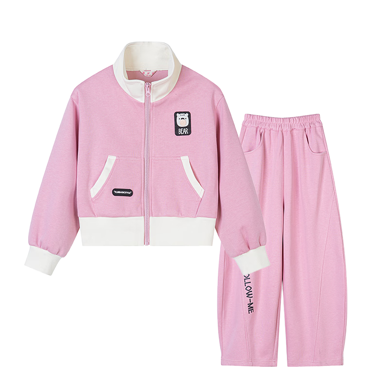 Follow Me Girls' Sweatshirt And Pants Set for Spring And Autumn, Stylish Two-Piece Sportswear Outfit for Older Children, Pink, Size 150