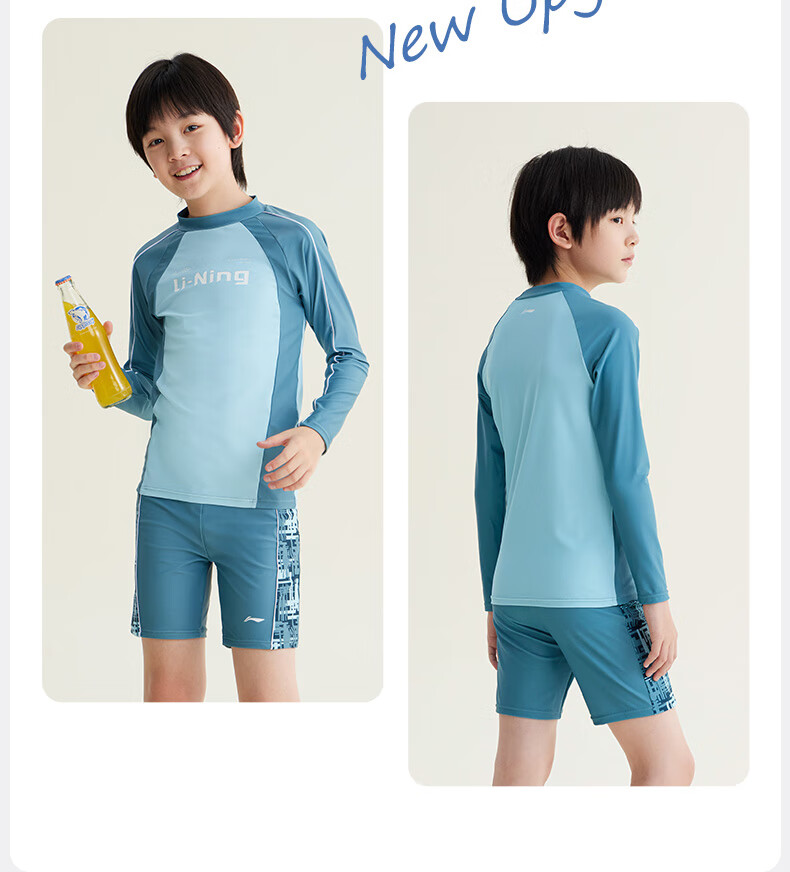 Li-Ning Children's Swimwear, Boys' Long Sleeve Sun Protection Two-Piece Surfing Suit, Patterned Swim Trunks, Hot Spring Swimming Gear, 8101 Blue, Size 140 9