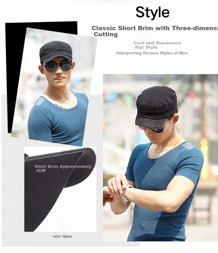 FANCET Men's Summer Baseball Cap, Large Head Circumference, Korean Style Flat Top Military Hat, Casual Short Brim All-Cotton Cap 4