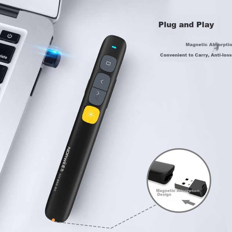 NORWII N29 Smart Rechargeable Laser Pointer, PPT Page-Turning Pen for Teachers, 100-Meter Wireless Remote Presenter, 360° Control, Volume Control Remote Pen, Green Light, Black