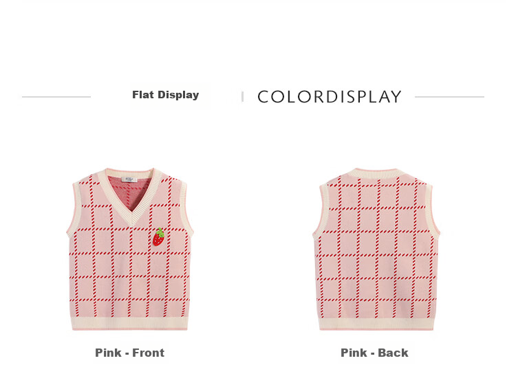 QQ DUCK Children's Clothing, Girls' Sweater Vest, Big Kids' Waistcoat, Knitted Sweater, Strawberry Plaid, Pink; 120 7