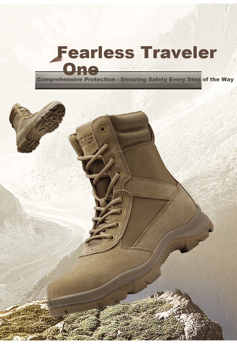 Qiangren Men's Boots, Desert Boots, Jihua 3515 Original Training Boots, Puncture-Resistant Sports Boots, Side Zipper Outdoor Boots, Sand Color, Size 42 4