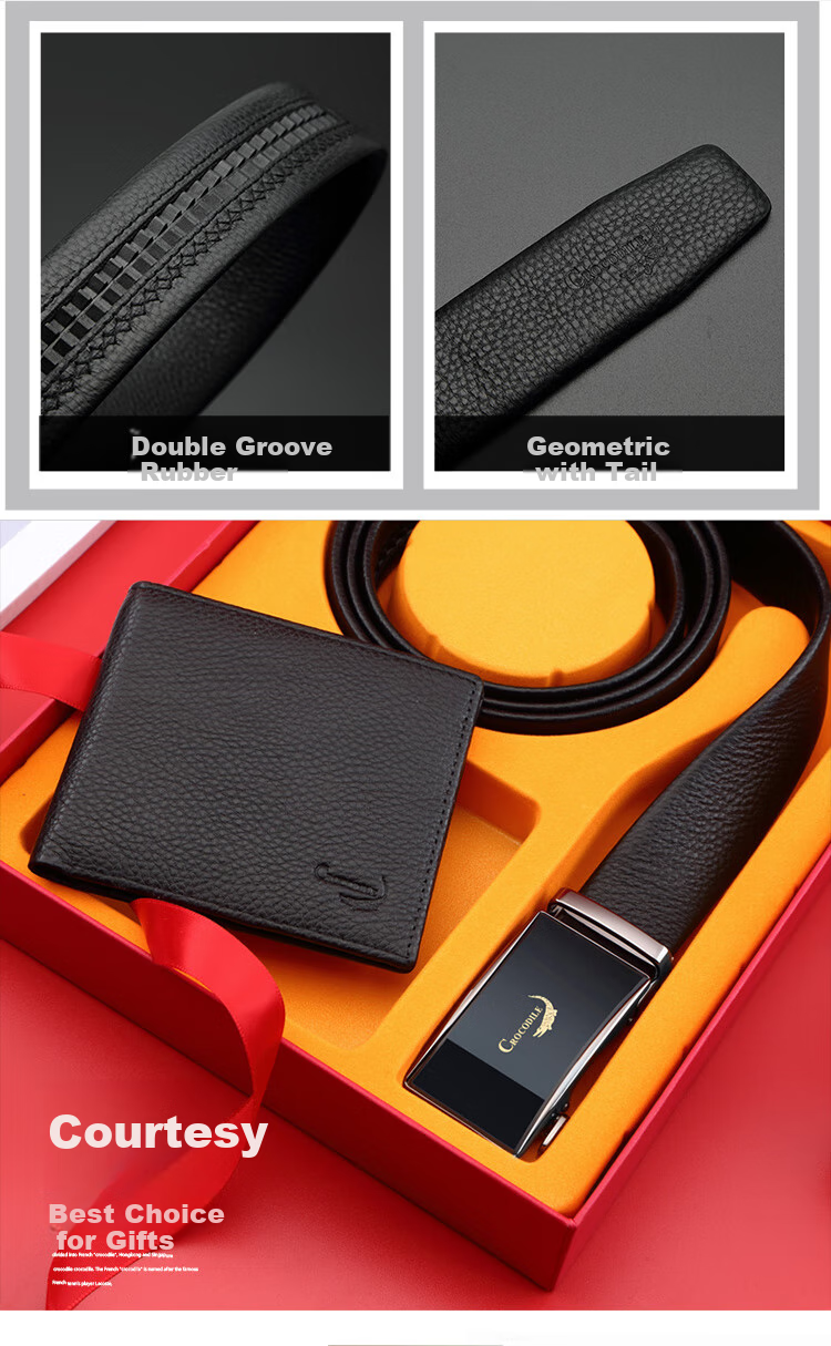 CROCODILE Men's Top-Grain Leather Business Automatic Buckle Belt + Wallet Gift Box, Birthday Gift for Men T1562 4