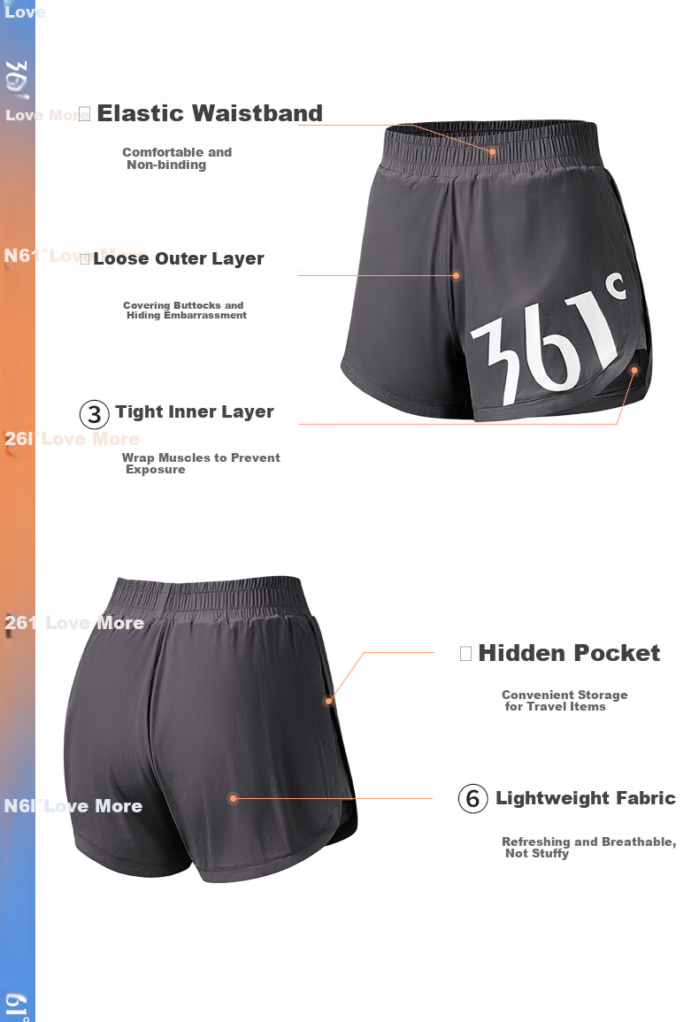 361° Sports Fitness Yoga Shorts, Summer Lightweight, Anti-Exposure, Fake Two-Piece Design, Running Sports, Breathable Shorts for Outdoor Wear 4