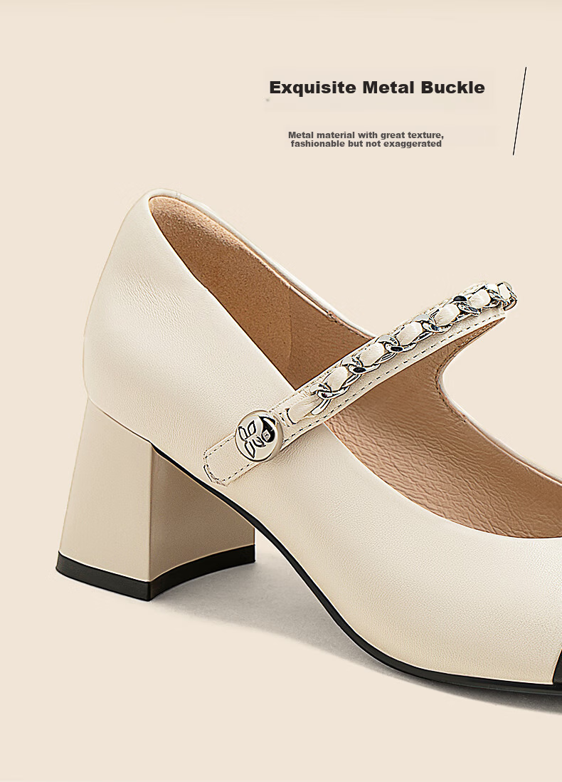 COMELY High Heels Mary Jane Shoes for Women, Spring Chunky Heel Round Toe Patchwork Chanel-Style Fashion Pumps, Beige/black, Size 37 8