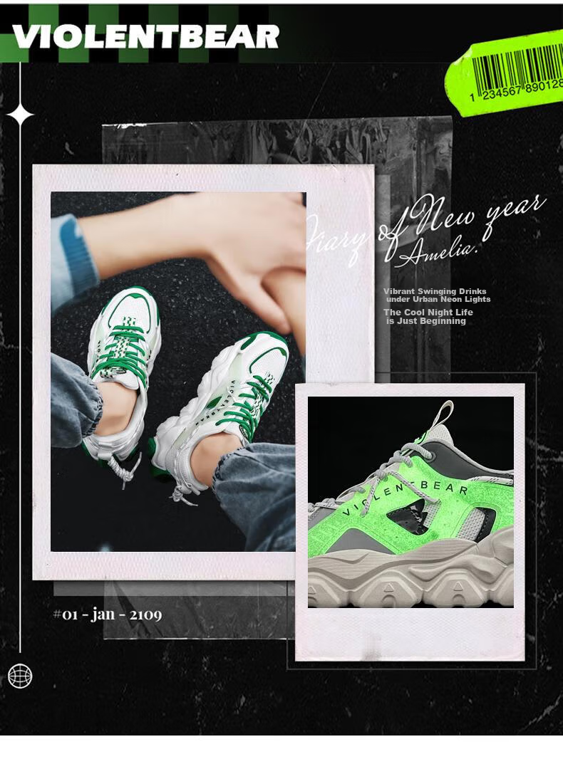 VIOLENTBEAR Men's Sneakers, Sports Shoes for Spring And Summer, Mesh Breathable Dad Shoes, Non-Slip Couple Shoes, White And Green [Luminous Version], Size 40 4