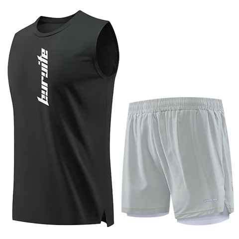 BURUITE Men's Running Sports Set Ice Silk Vest T-Shirt Quick-Dry Loose Marathon Track and Field Training Fitness Shorts
