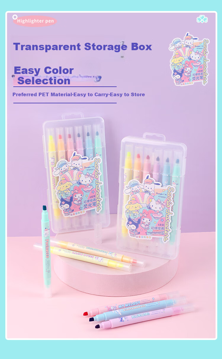 GuangBo Dual-Tip Erasable Highlighters, 6 Colors, Sanrio Collaboration Student Exam Review Highlighting Pens, Aesthetically Pleasing Journal Markers Office Marker KT84587 7
