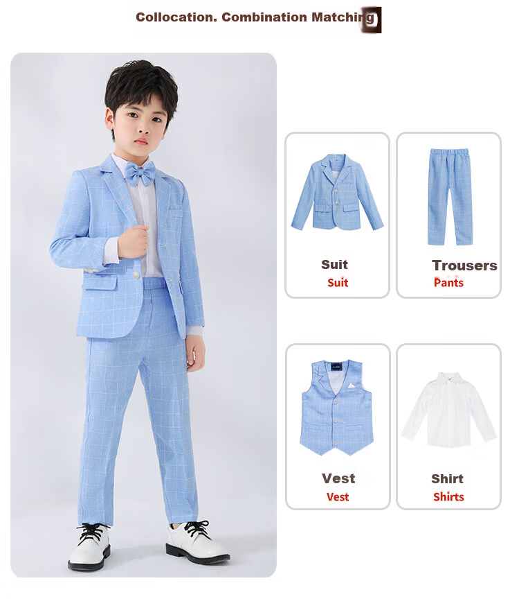 LUOBOBEIBEI Boys' Suit Set, Children's Formal Wear for Spring And Autumn, Plaid Suit, Flower Boy Birthday Outfit, Blue Four-Piece Set, Size 110 7